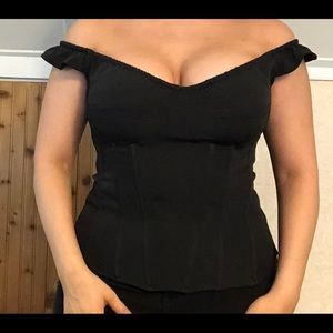 Black leather oven trill shoulder corset top